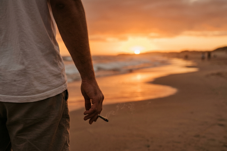 Person holding a joint on a beach watching a golden sunset.