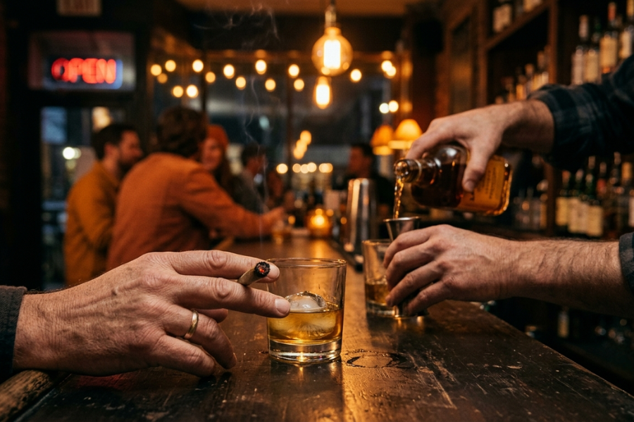 Hands holding a joint and a whiskey glass on a wooden bar top at a dive bar.