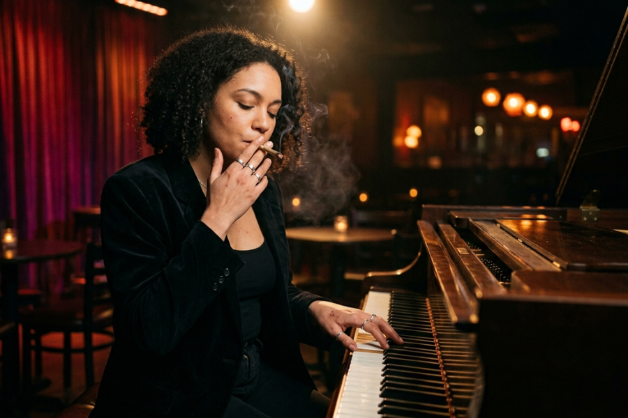 Close up of a woman playing piano, holding a joint, moody jazz lounge.