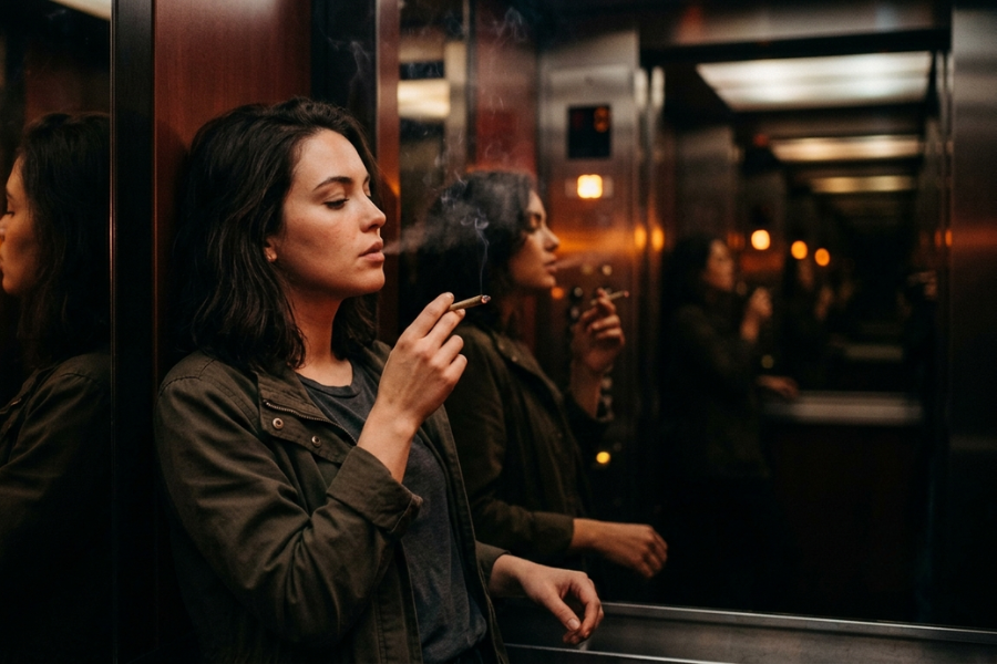 Person smoking cannabis joint in moody urban elevator with reflections