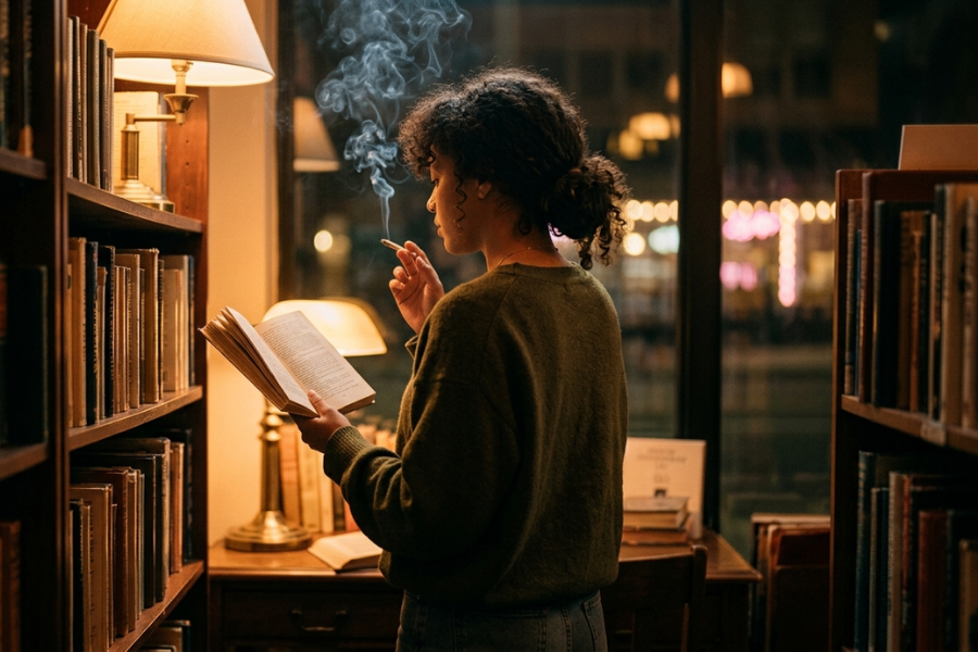 Person reads among tall bookcases in a quiet shop with amber lamps and window lights.