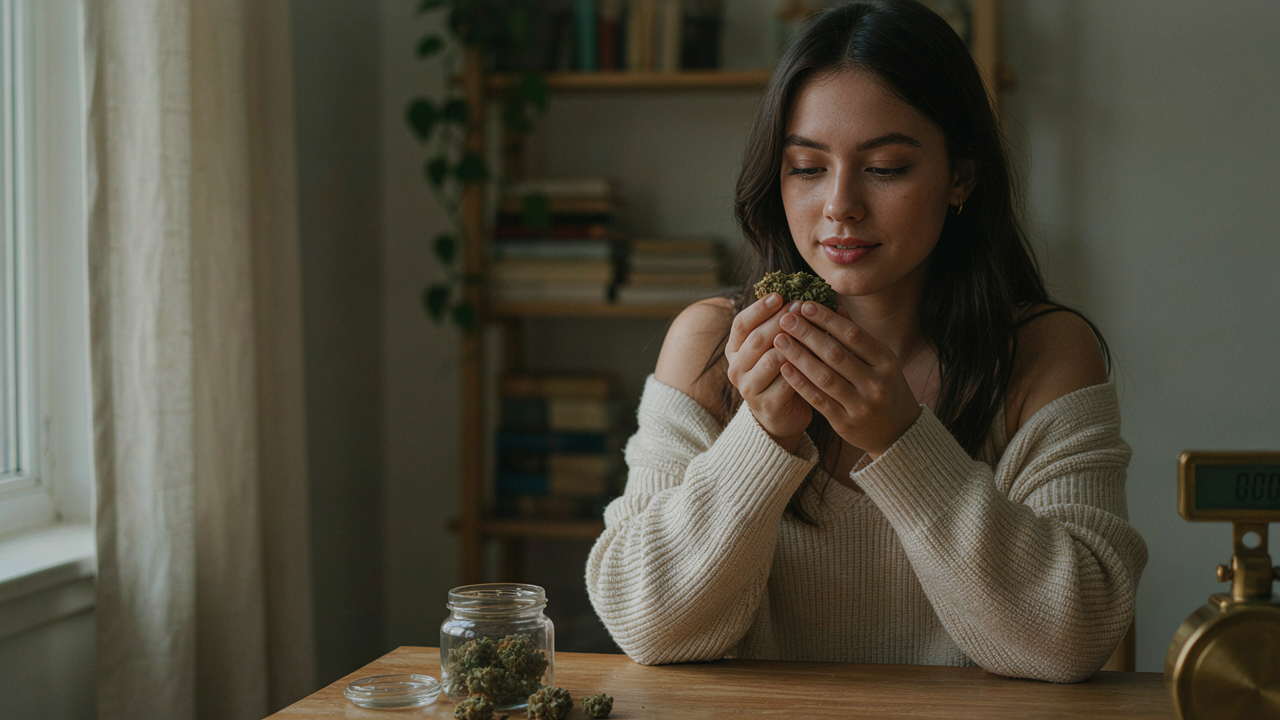 A woman sitting in her kitchen examining the buds of the Blue Zkittlez Strain.