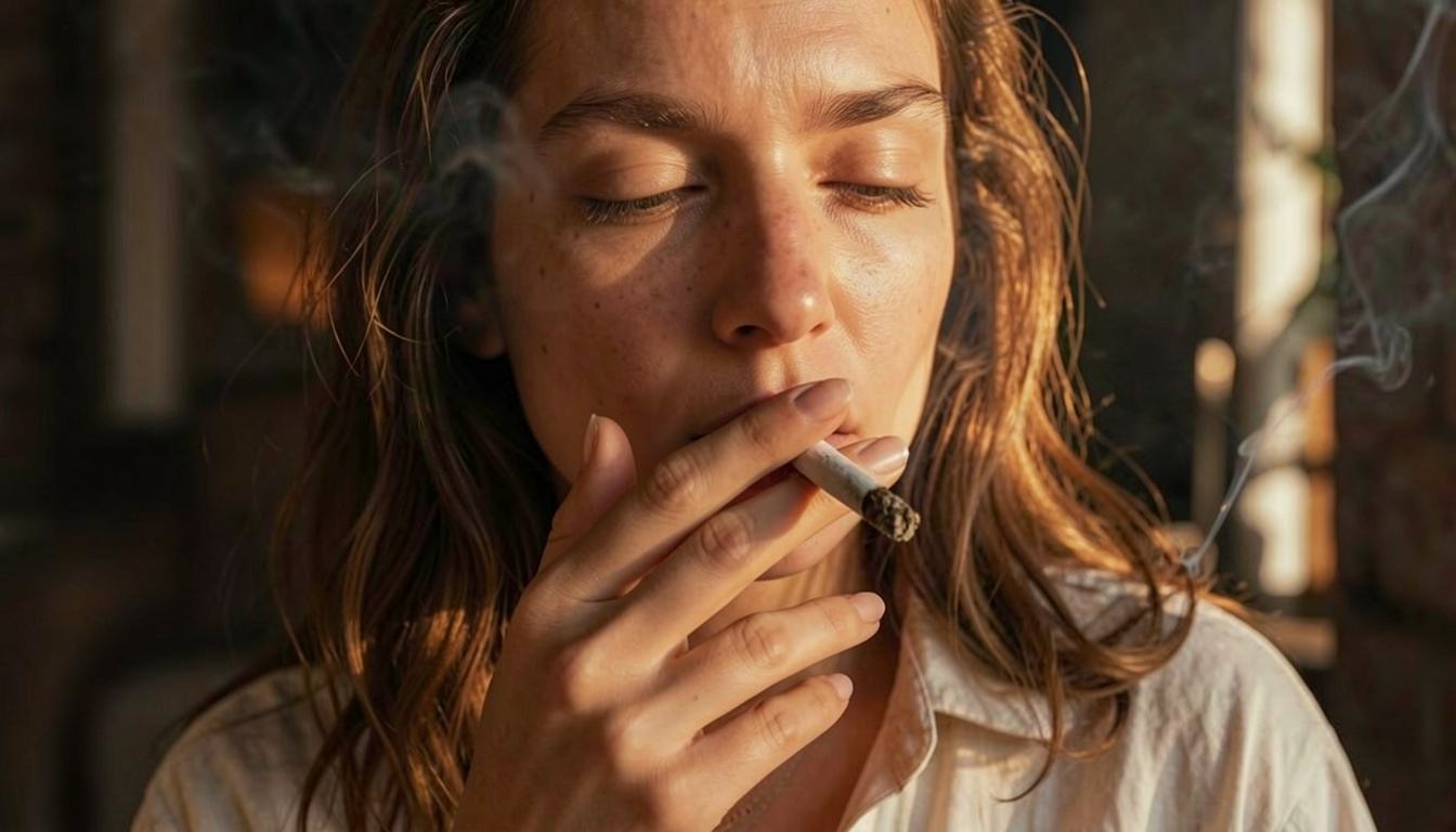 A woman inhaling a Cheetah Piss Strain joint with her eyes closed.