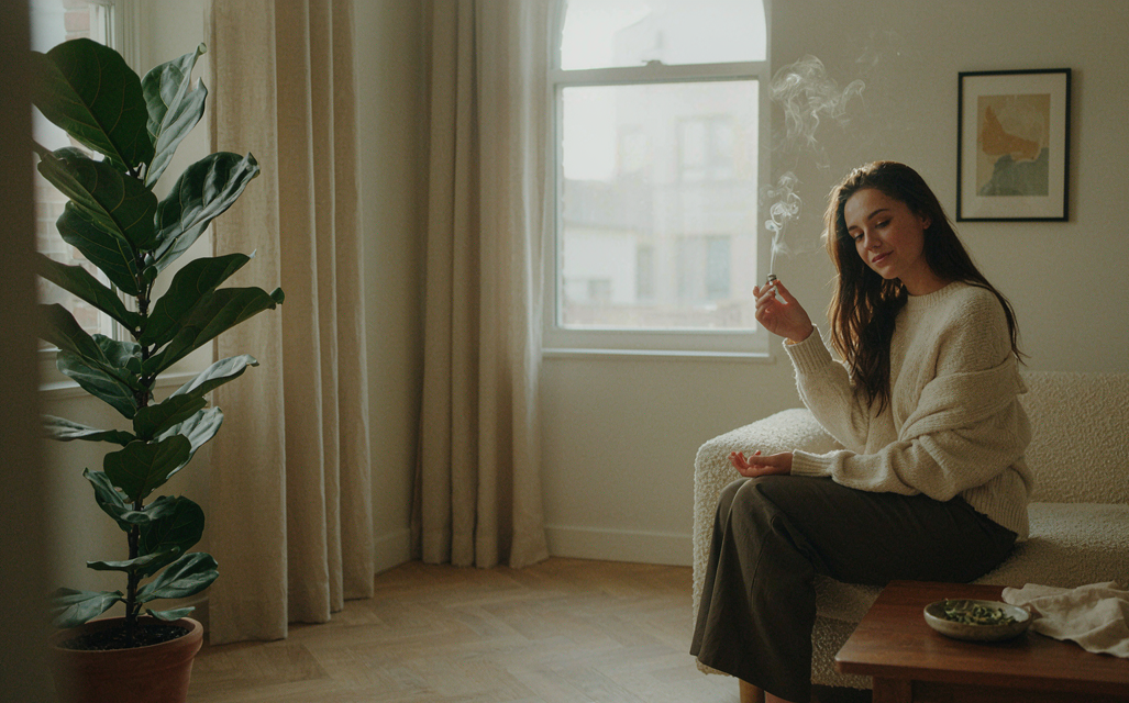 an atractive woman using a cannabis joint