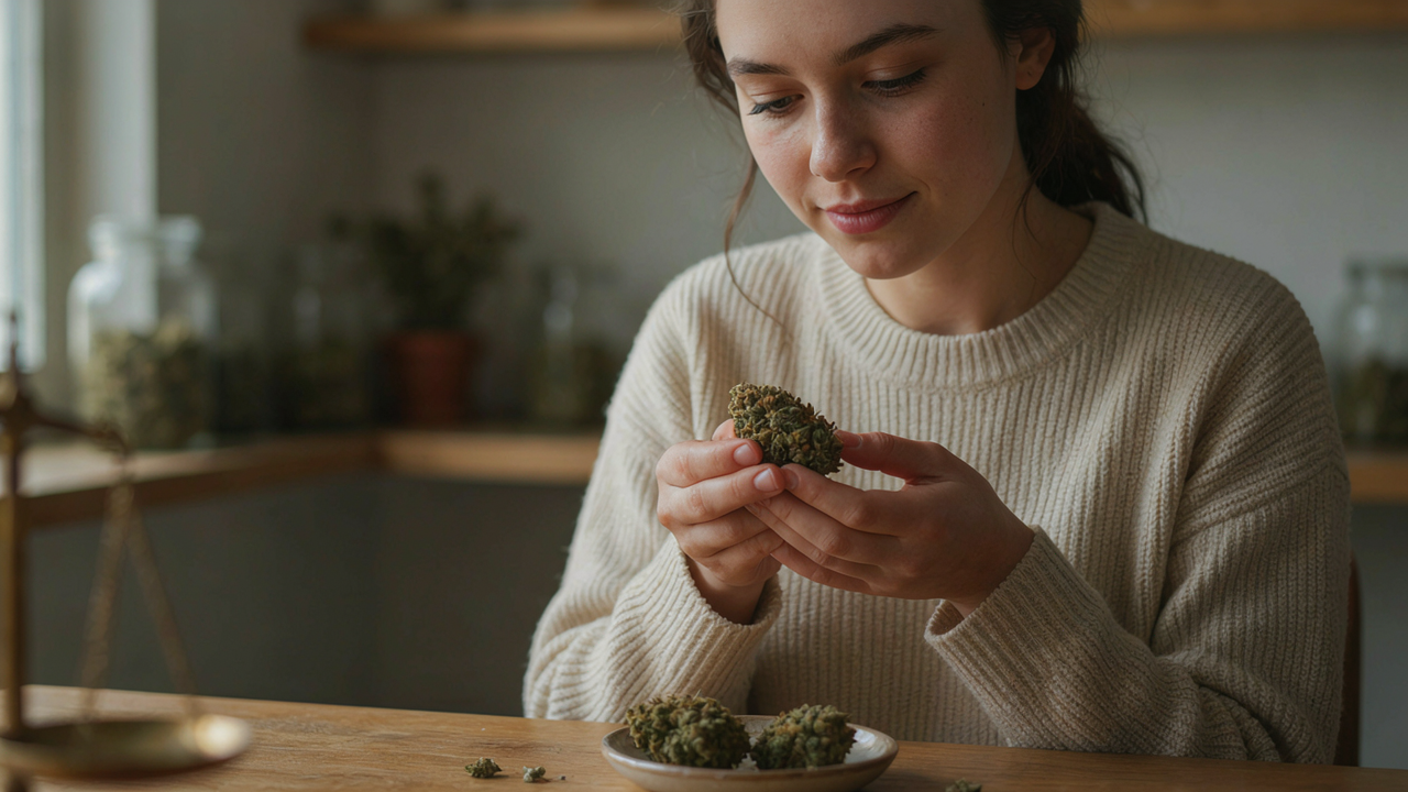 A woman sitting in her kitchen examining the buds of the Cheetah Piss Strain.