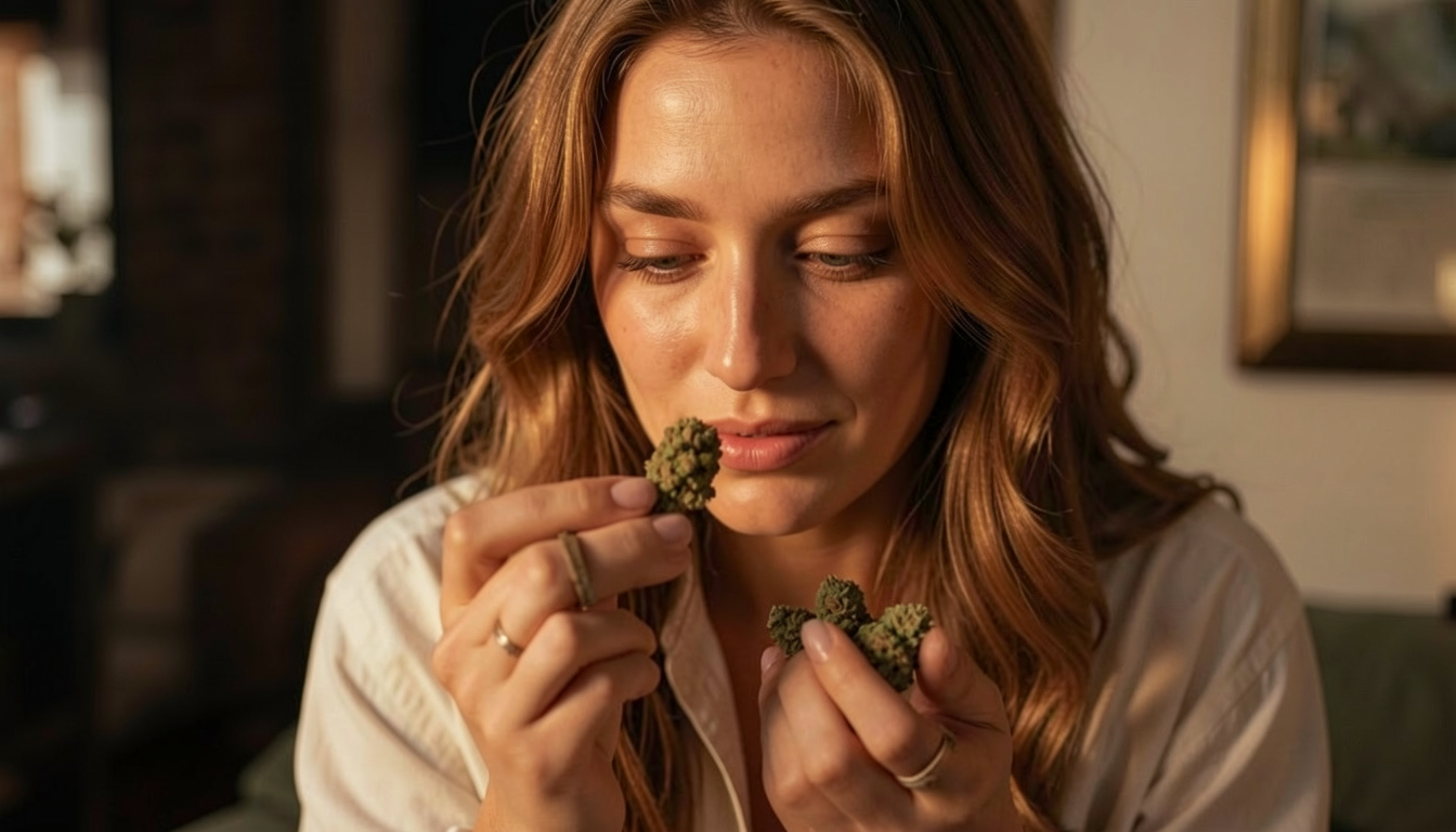 A close-up showing a woman holding the ice cream cookies strain.