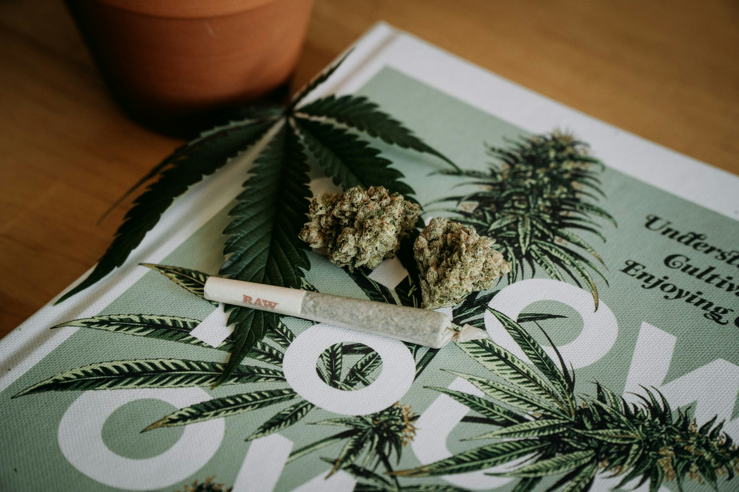 A rolled joint and weed nugs sitting on top of a magazine.