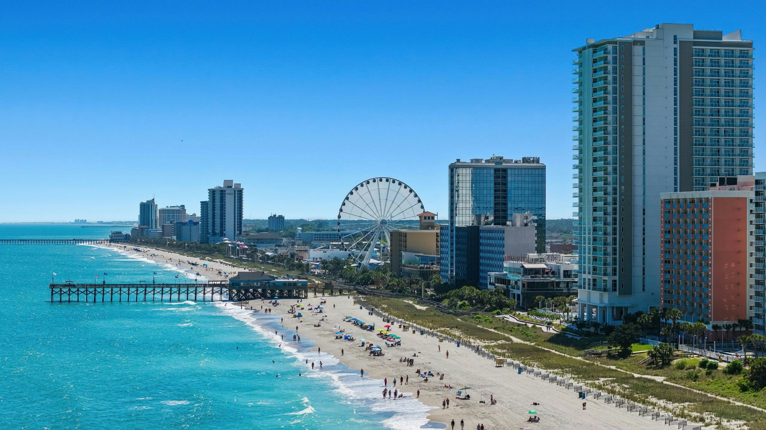 Myrtle Beach, South Carolina, with a wide sandy beach and the Atlantic Ocean stretching along the coastline