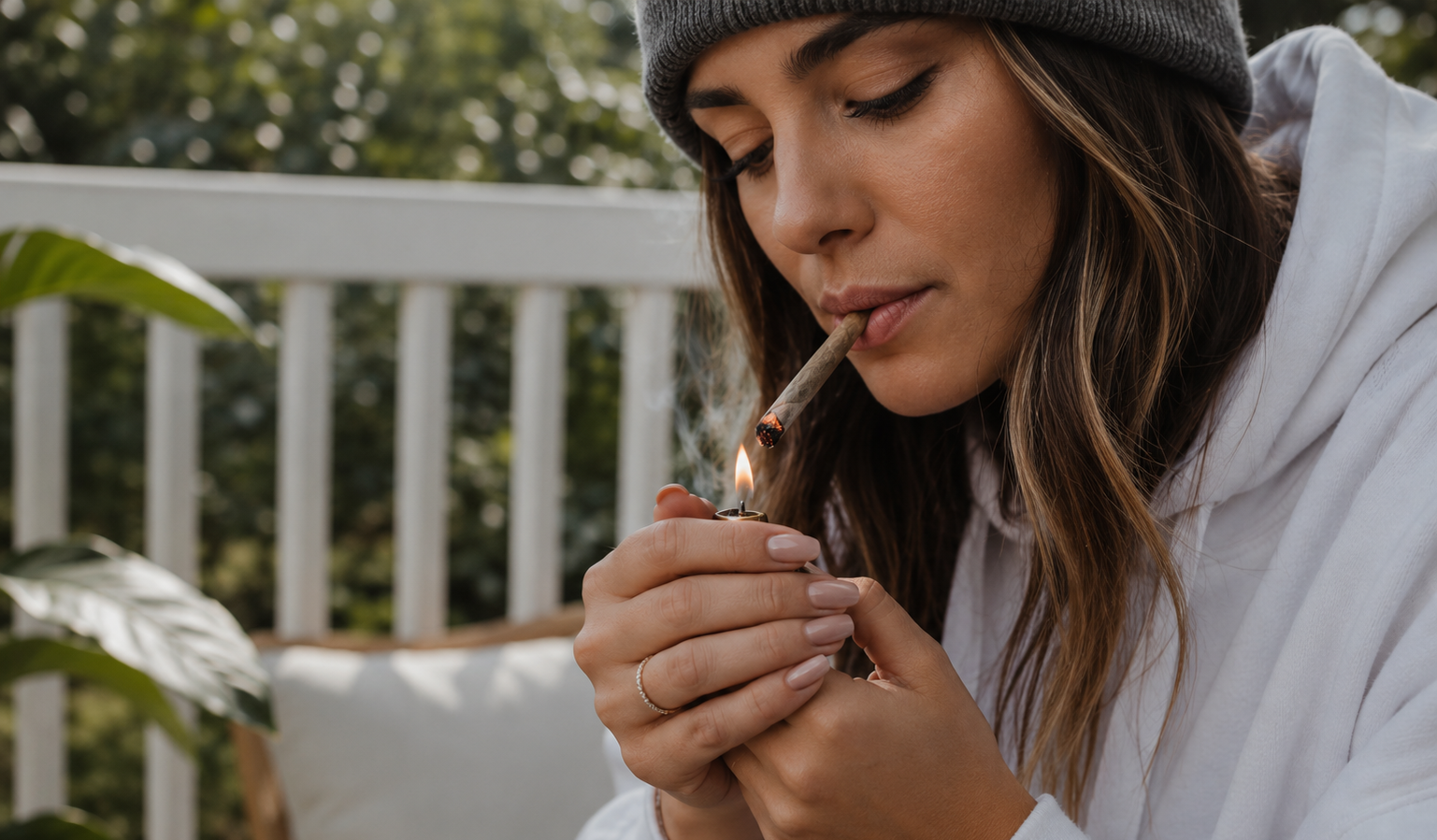 Woman lighting a cannabis joint