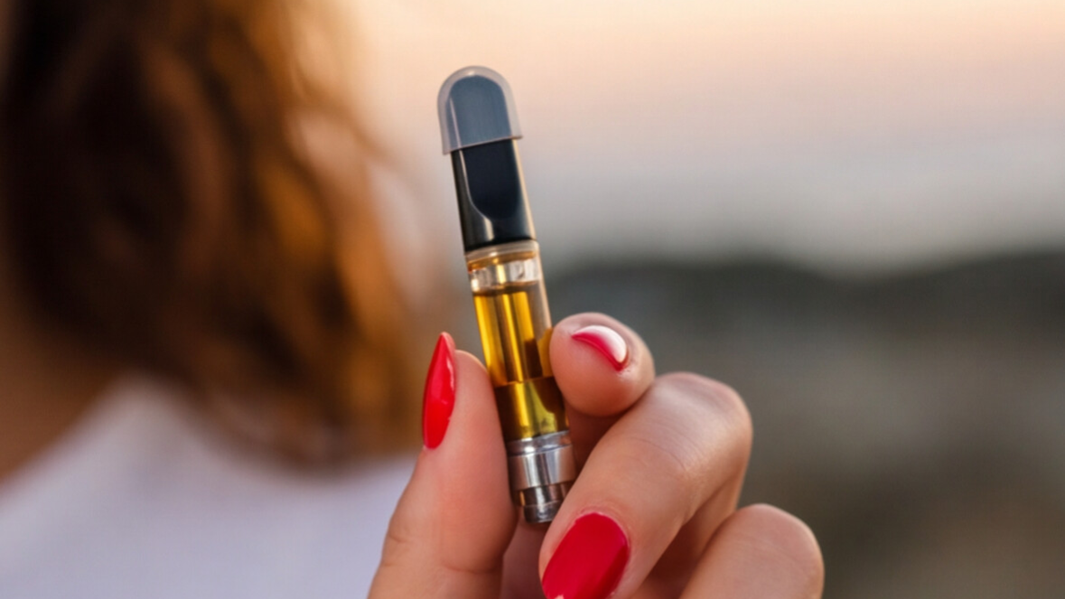 A close-up of a woman's hand holding a live resin vape cart.