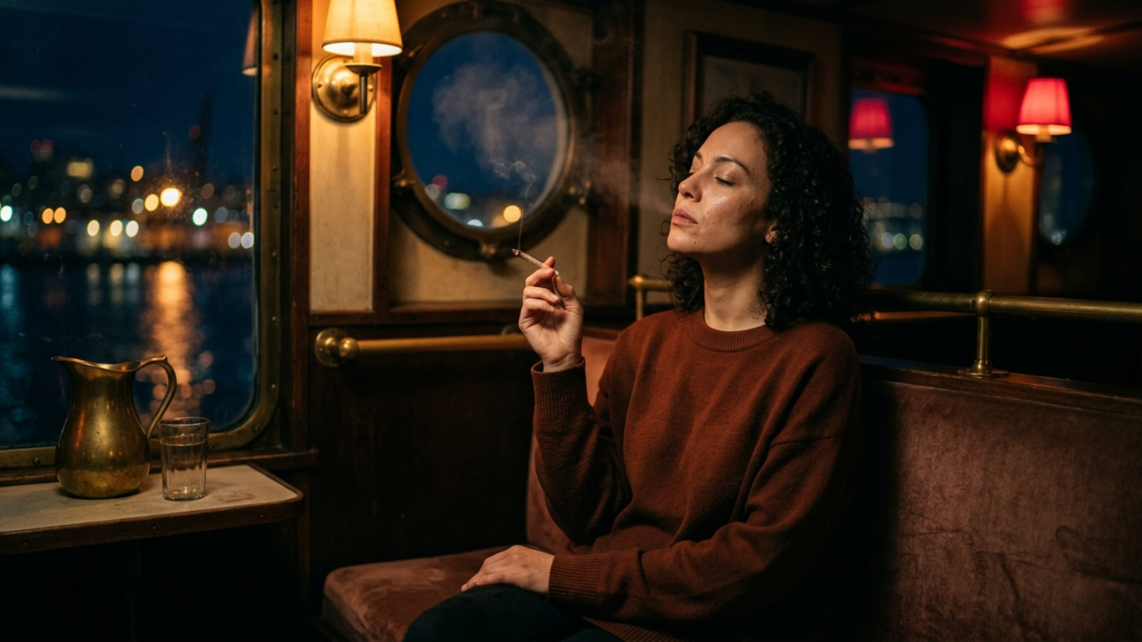 Woman smoking joint in warm lit ferry cabin, harbor night lights through porthole