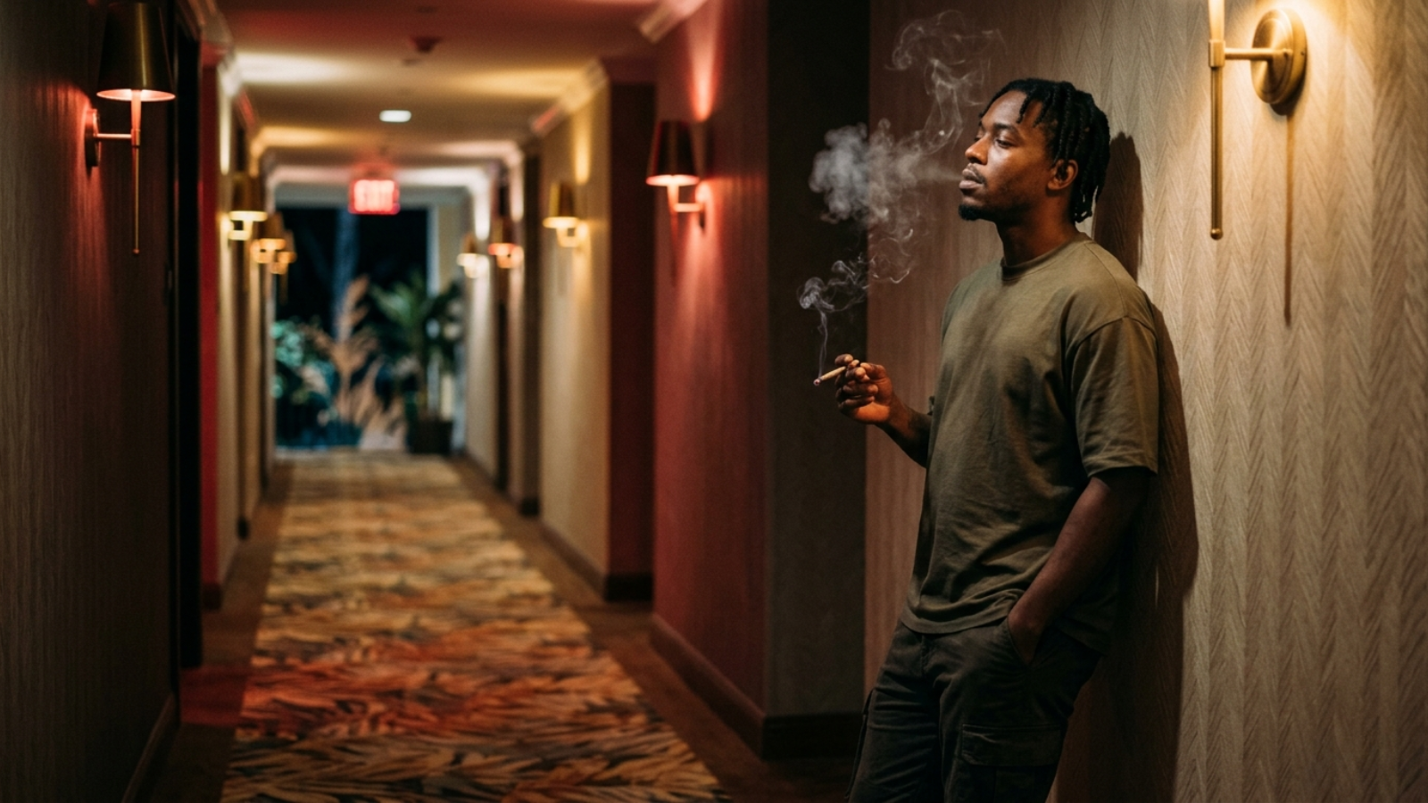 Man in warm-lit hotel hallway smoking a joint with patterned carpet.