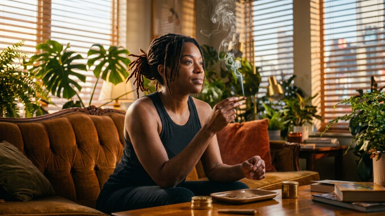 Woman holding joint in apartment with house plants and natural sunlight