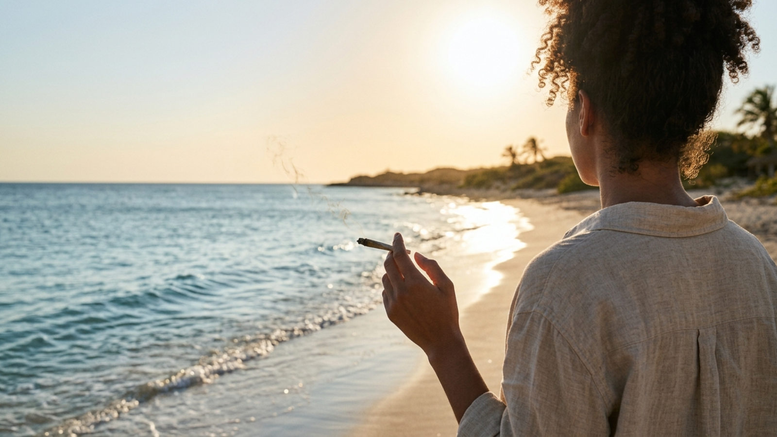 Person enjoying joint on sunny beach with soft ocean waves in background.