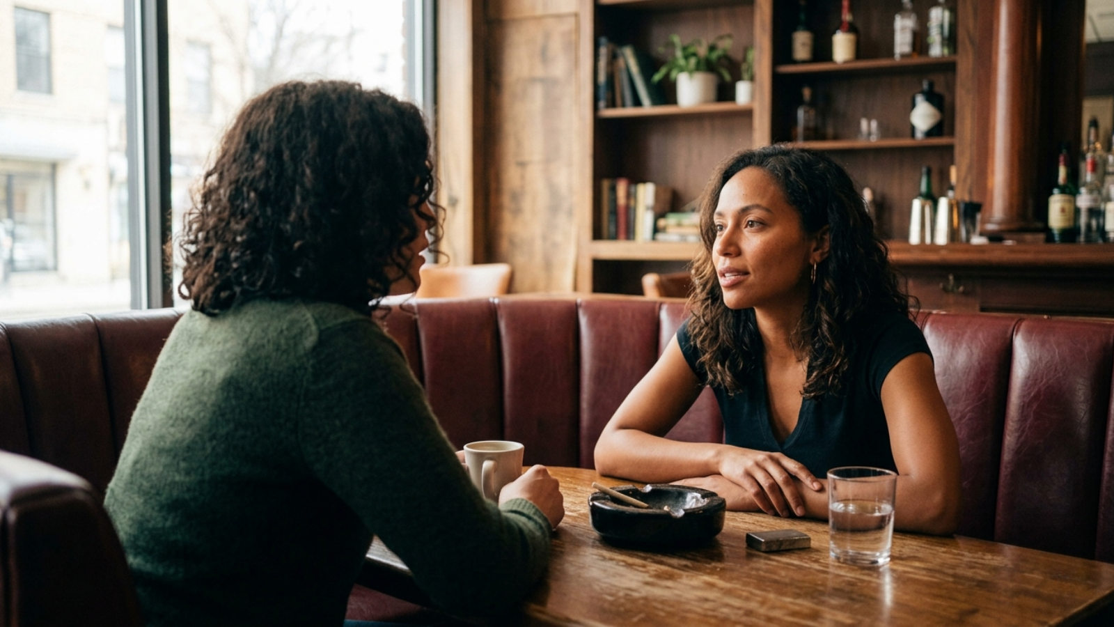 Two people leaning in close at vintage lounge table with ashtray