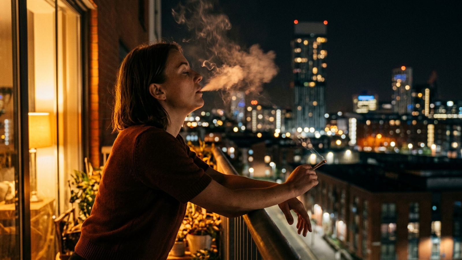 Person smoking joint on nighttime apartment balcony with glowing city lights