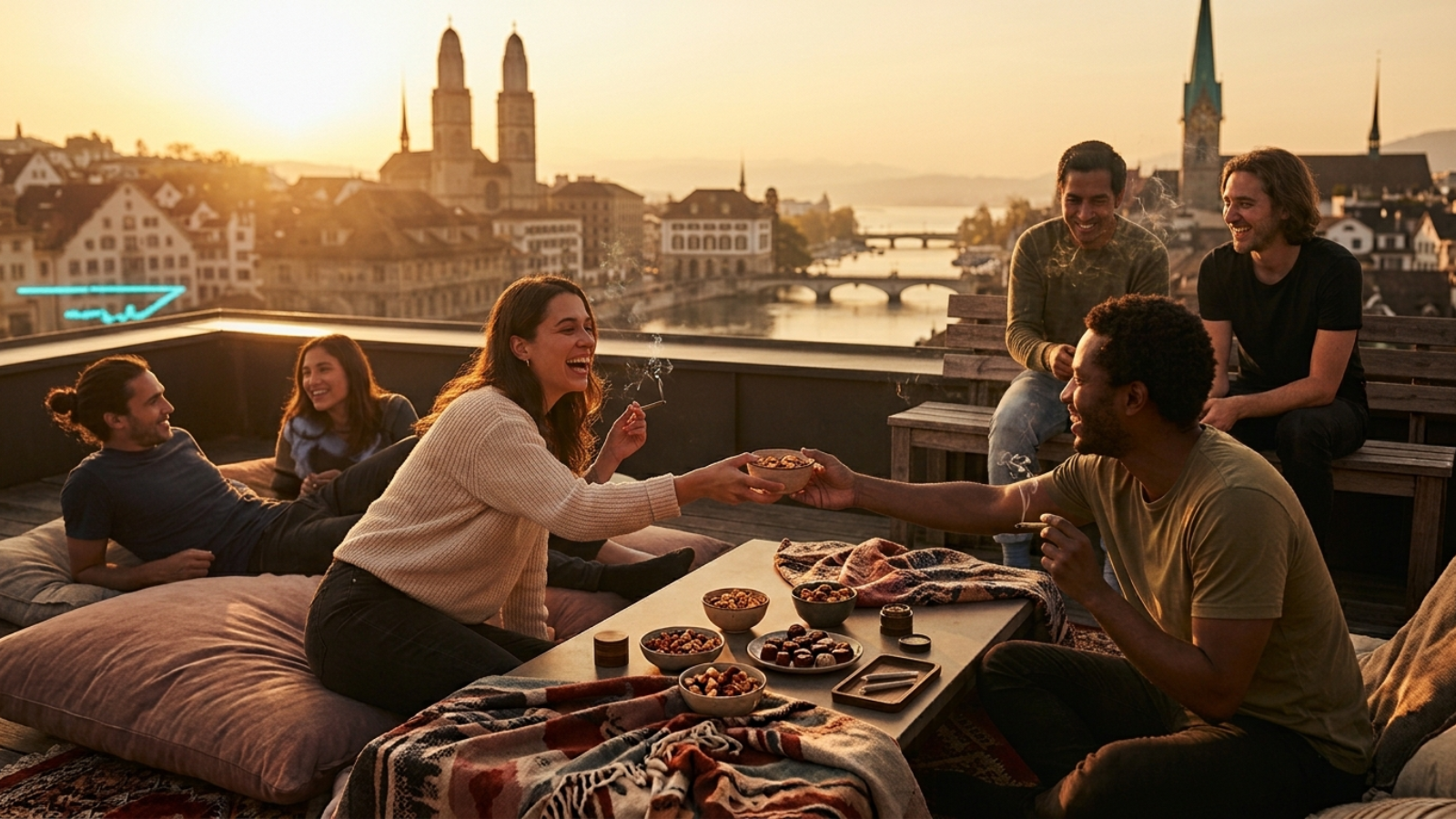 Group of friends laughing together on a cozy rooftop terrace at dusk.