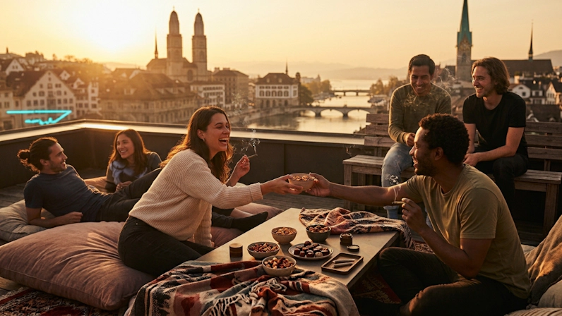 Group of friends laughing together on a cozy rooftop terrace at dusk.