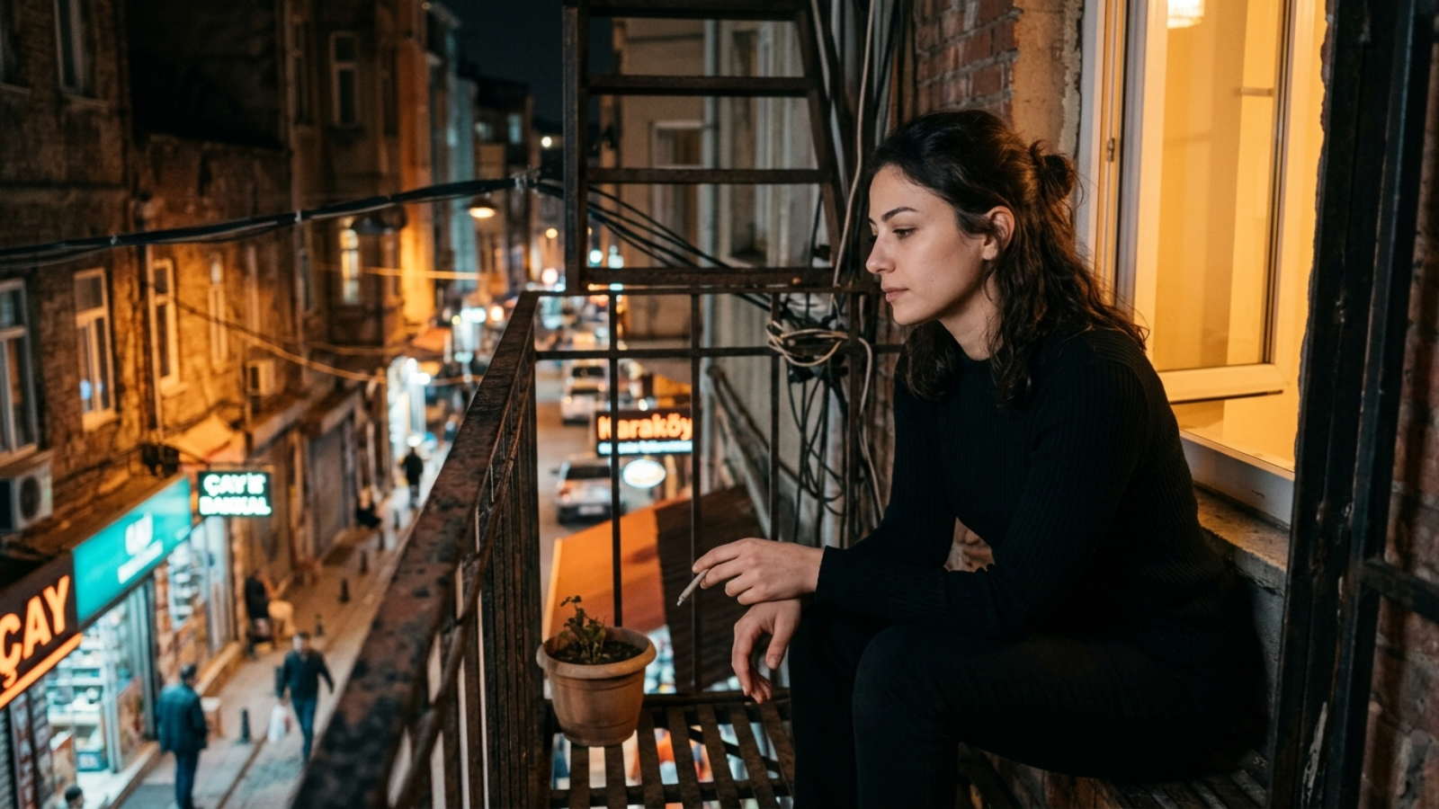 Person sitting on Istanbul fire escape holding joint overlooking city street night.