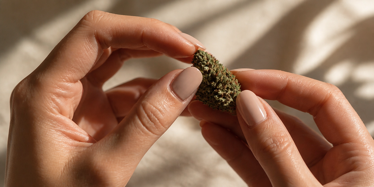 delicate hands holding a cannabis bud