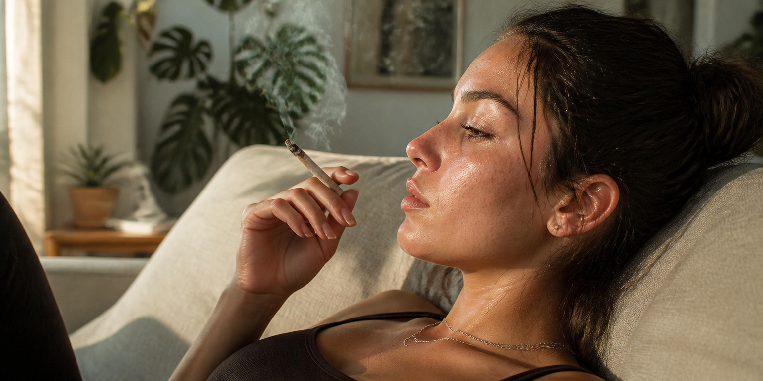 Beautiful woman smoking a cannabis joint in a close-up portrait