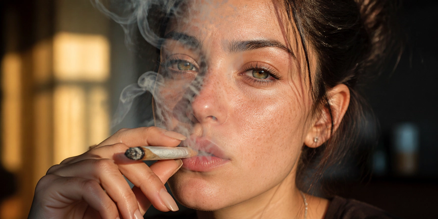 Close-up of a woman holding and smoking a joint
