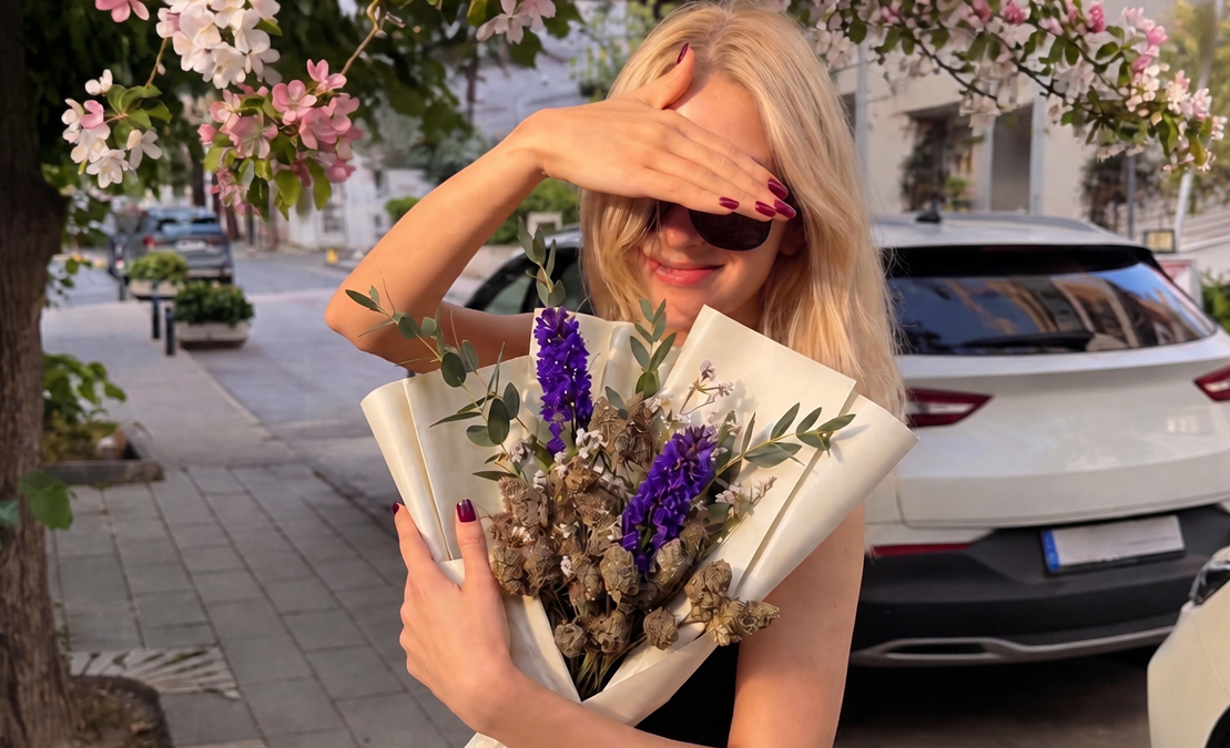 Woman posing with an elegant bouquet featuring purple flowers and cannabis buds