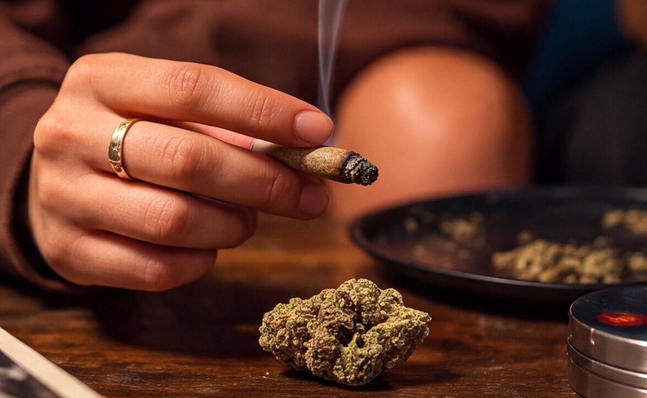 hand holding a joint while a cannabis bud is displayed on a table