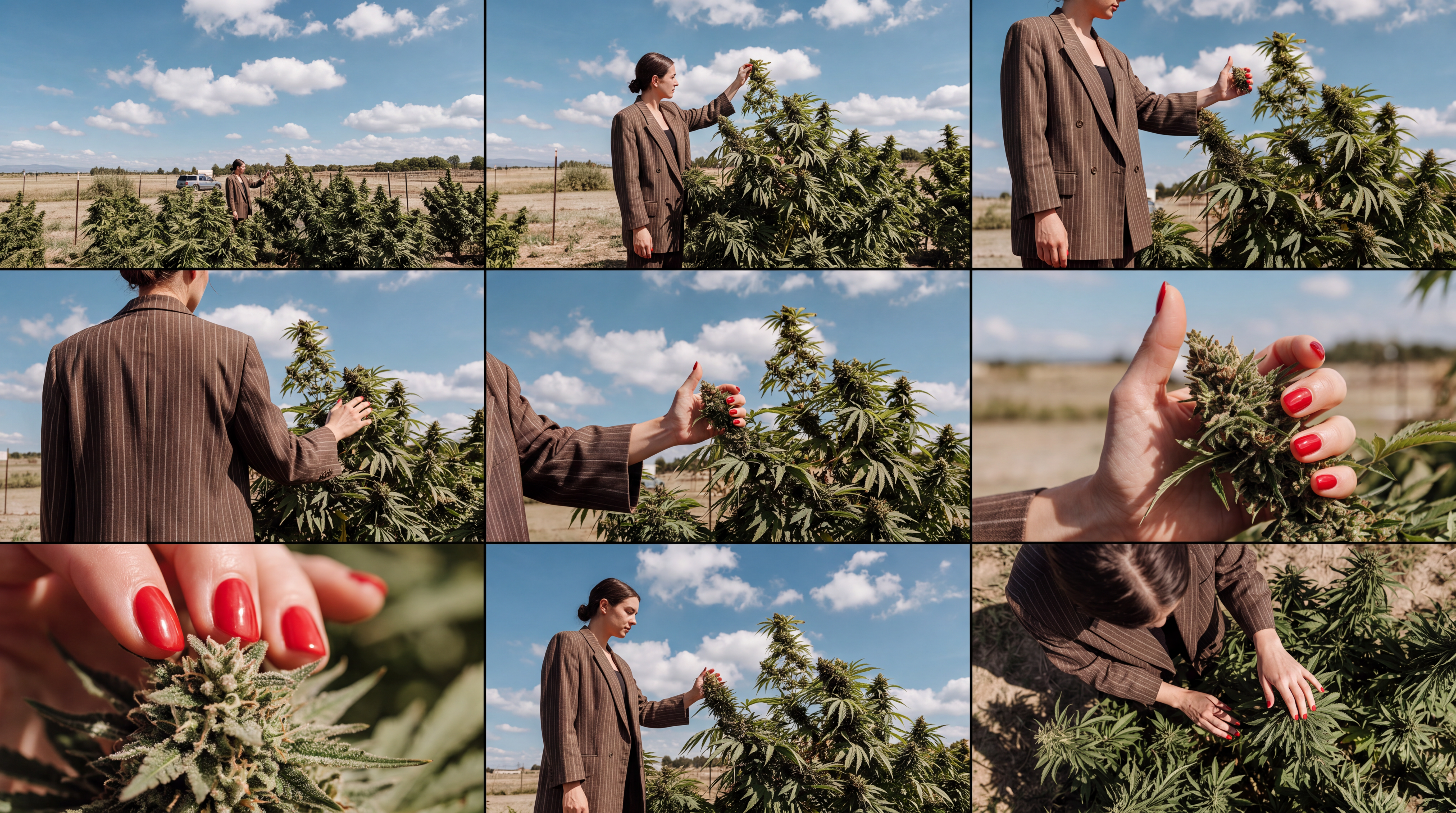 Photo collage showcasing a cannabis grow with a woman surrounded by flowering plants