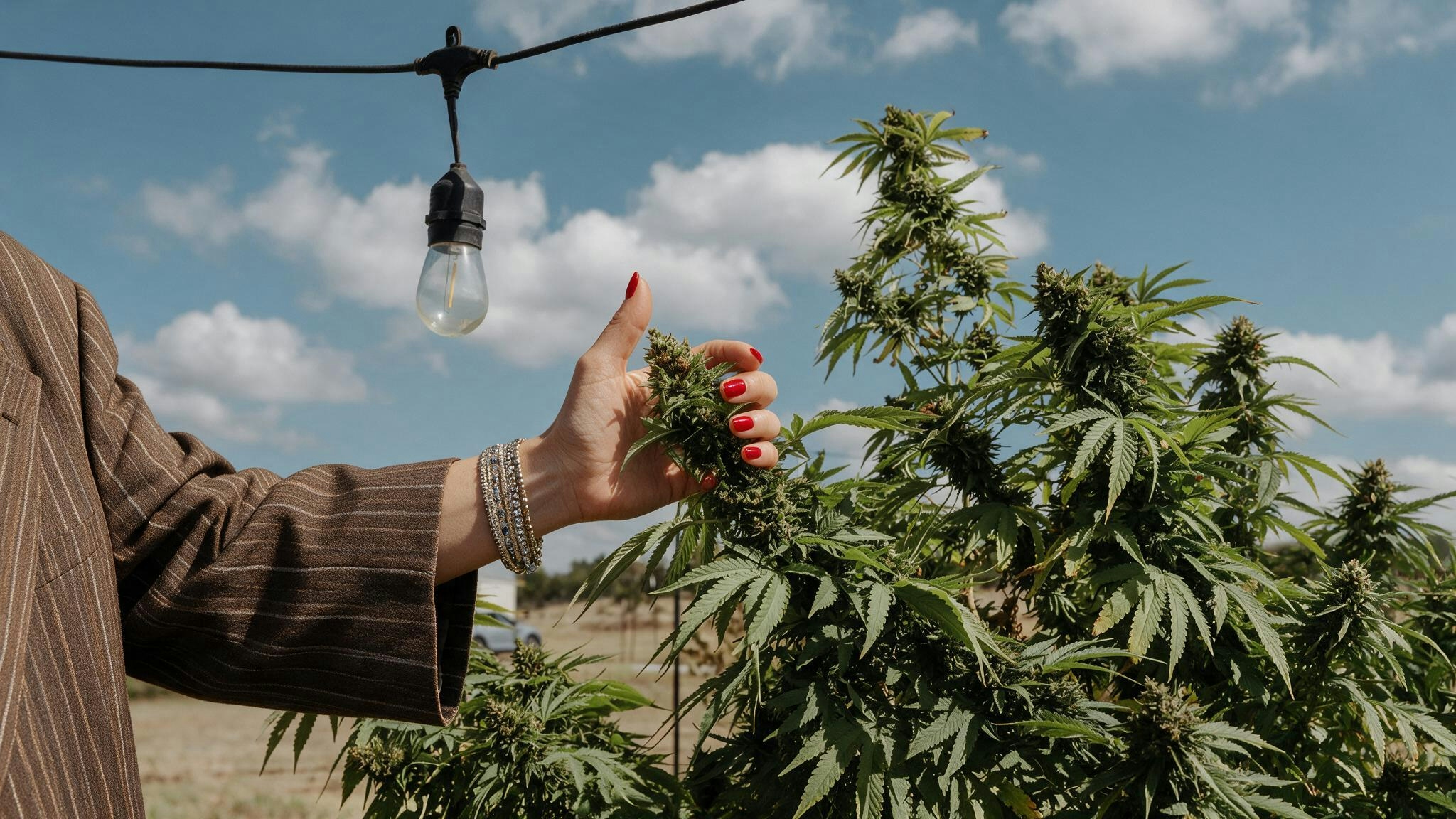 woman's hand holding a bud in a cannabis crop