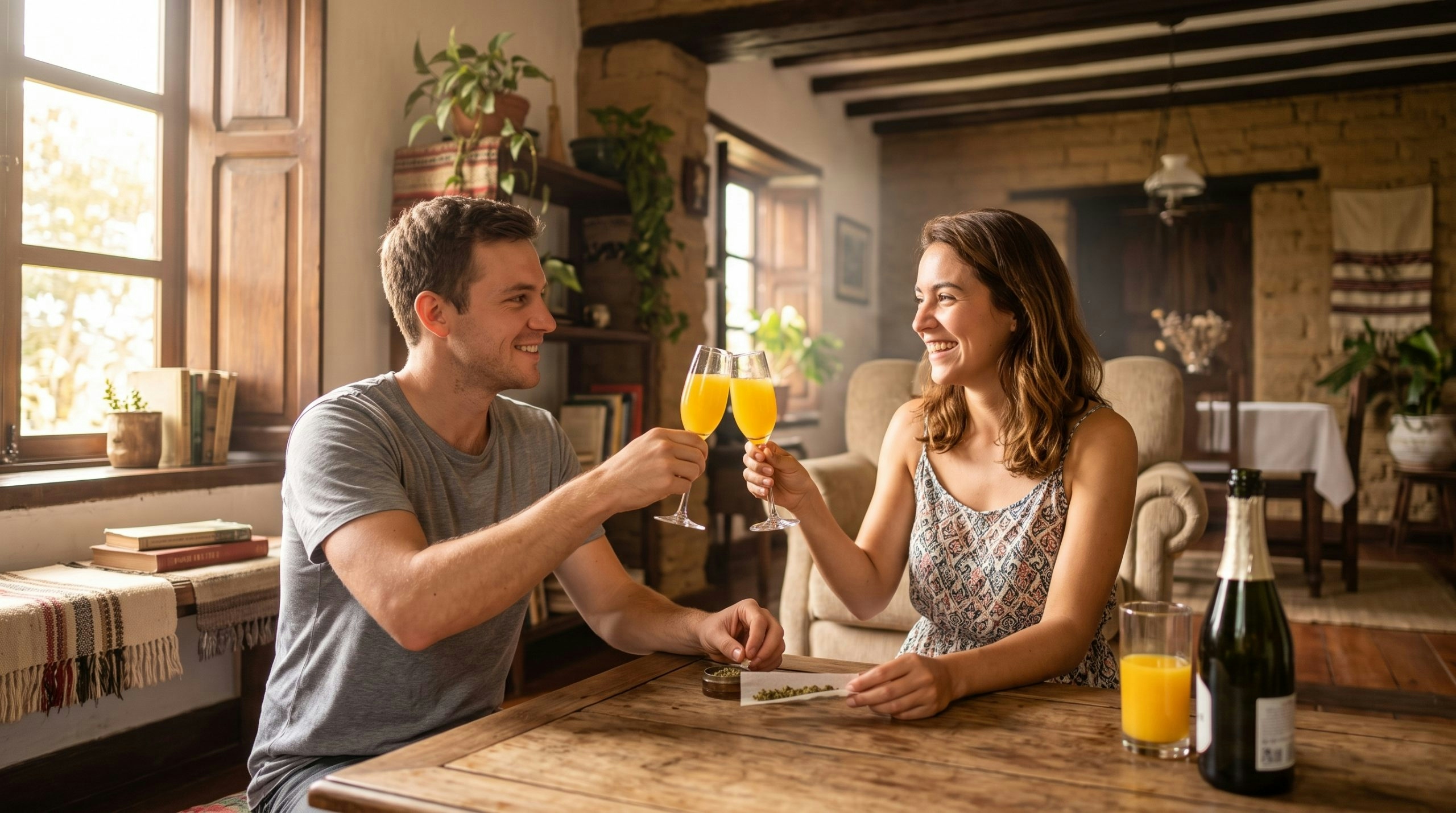 Couple enjoying mimosas while rolling a joint together in their kitchen.