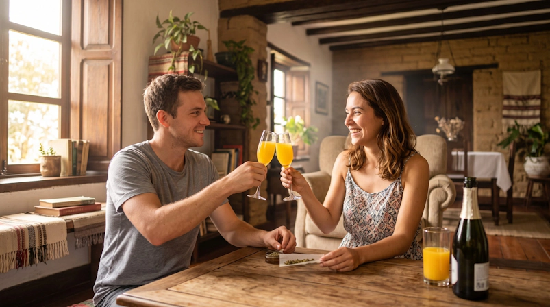 Couple enjoying mimosas while rolling a joint together in their kitchen.