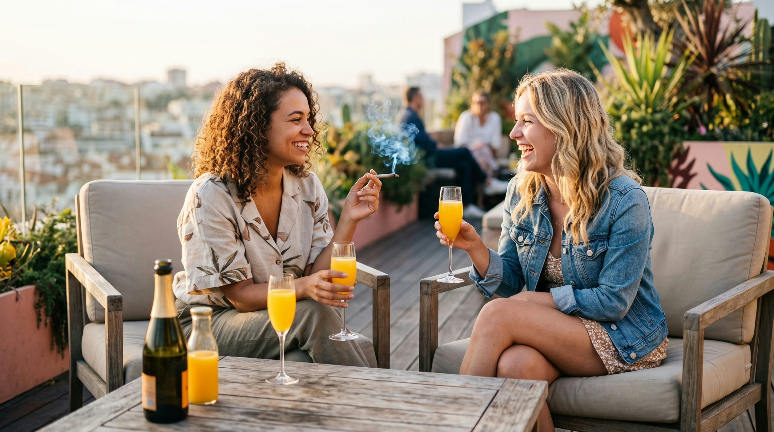 Two friends enjoying mimosas and smoking a joint together at home