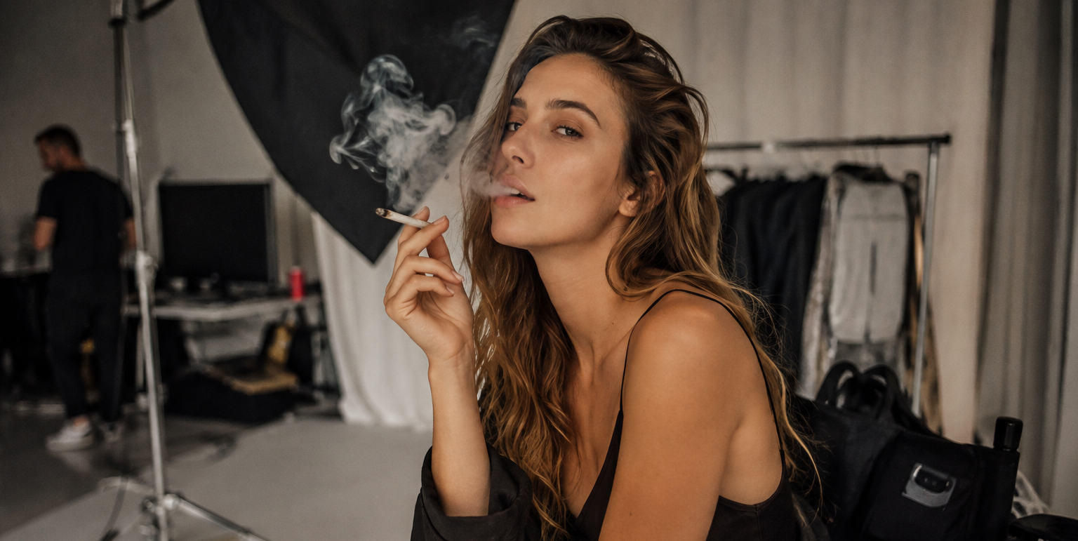 Beautiful woman posing and smoking a joint before a photography session in a professional studio