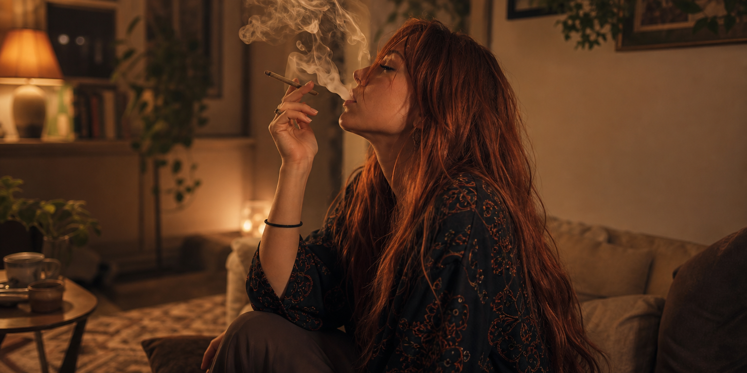 Beautiful red-haired woman smoking a cannabis joint