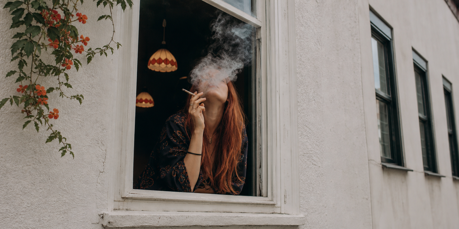 red hair woman smoking a joint thru a window