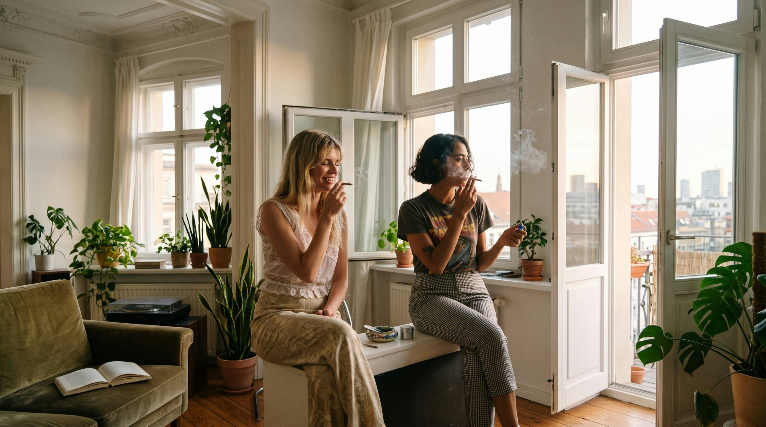 friends joking and smoking a joint in a living room