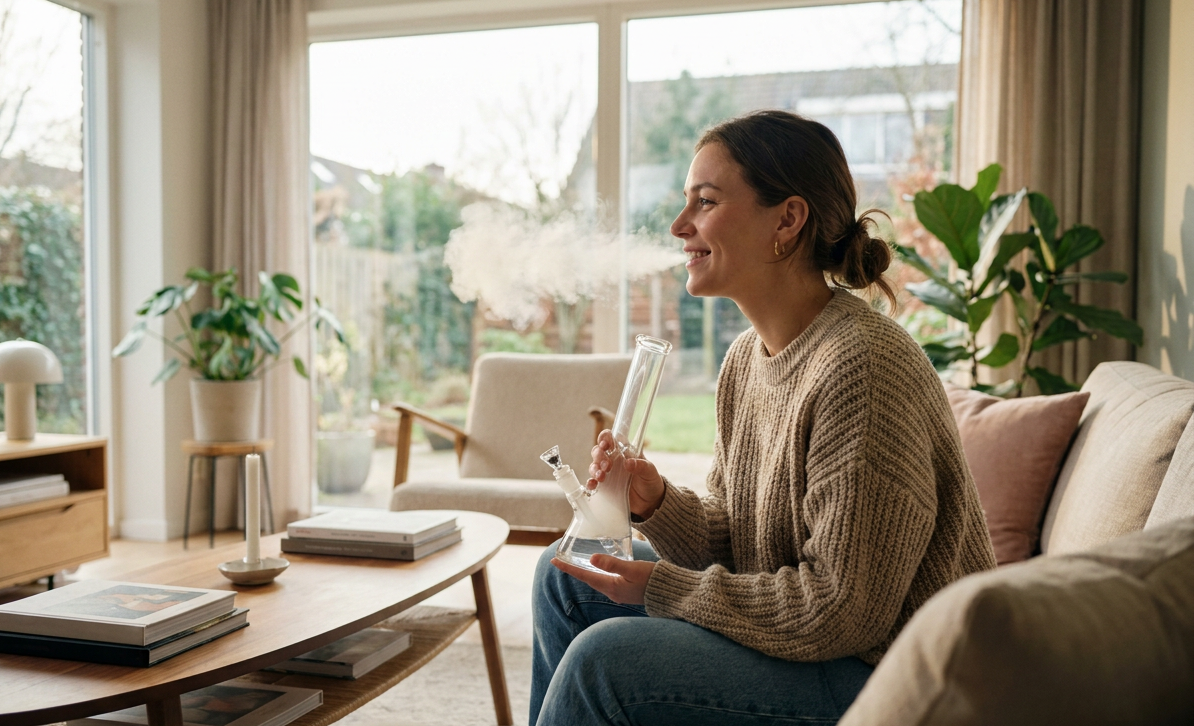 Woman holding a bong while smoking in a casual indoor setting