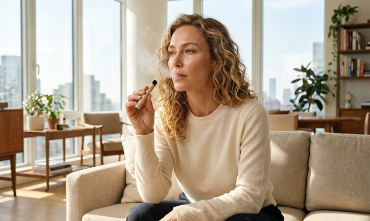Woman holding a vape while smoking indoors