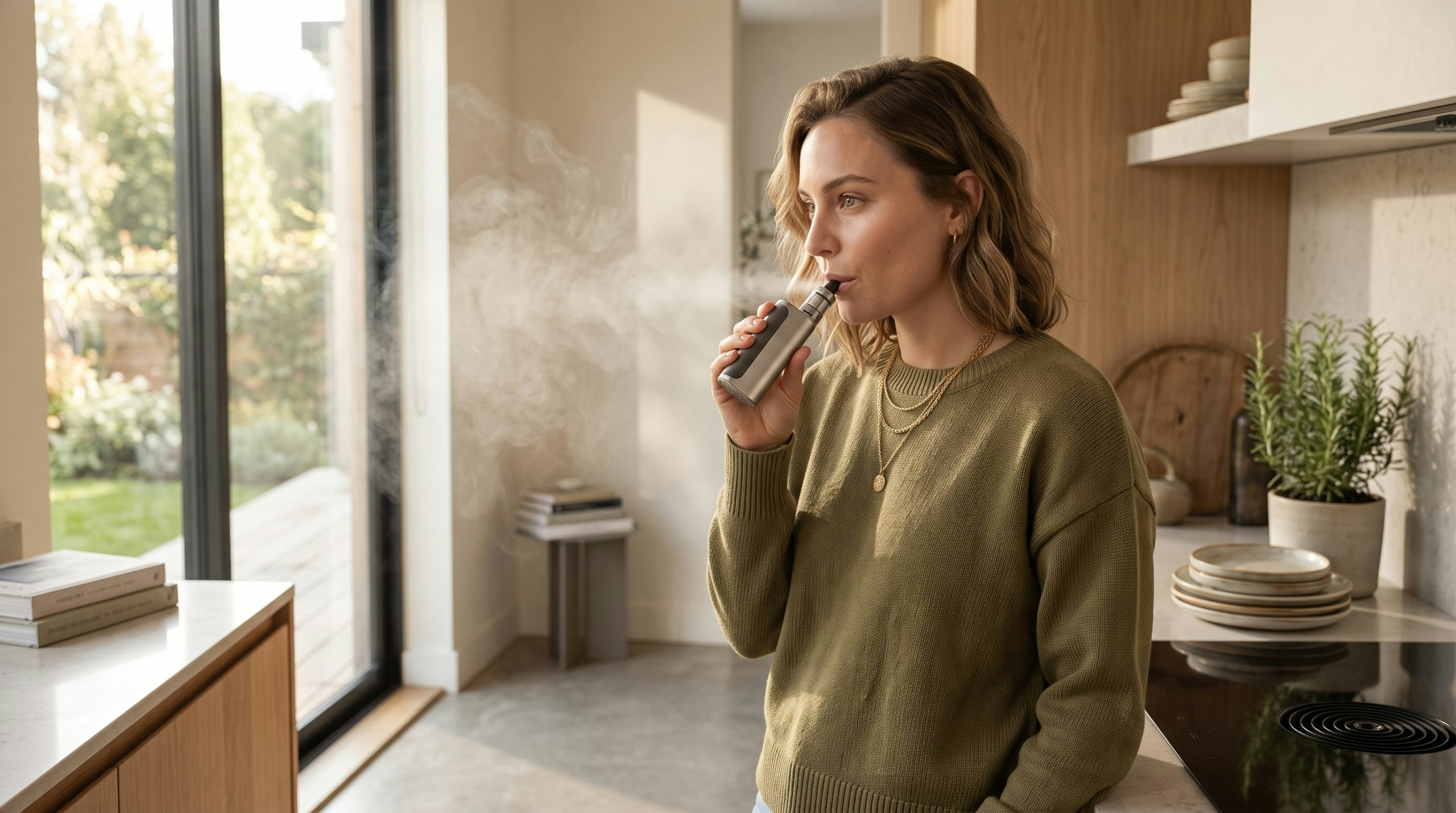 Woman holding a vape while smoking indoors
