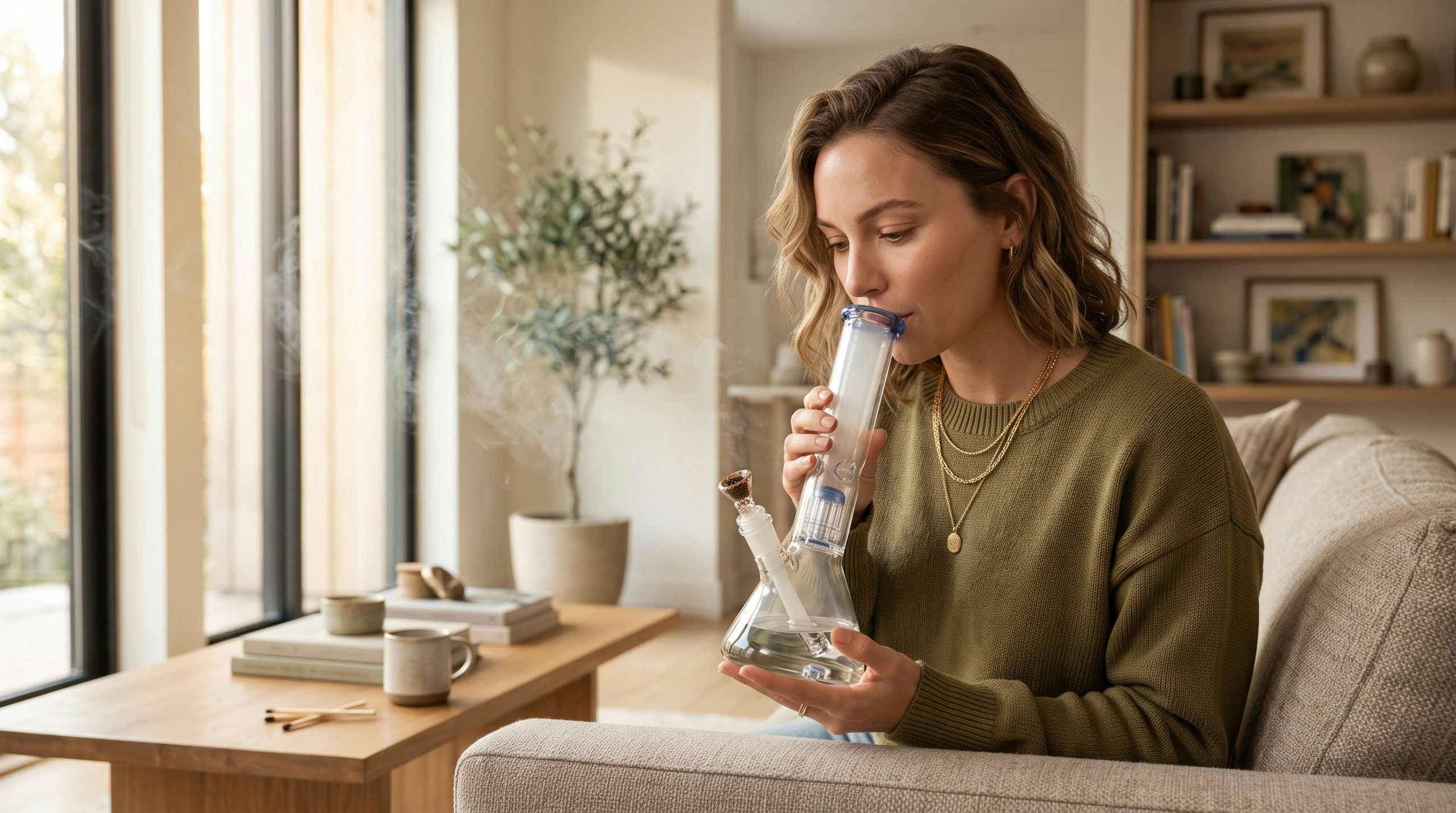 Woman using a bong to smoke cannabis