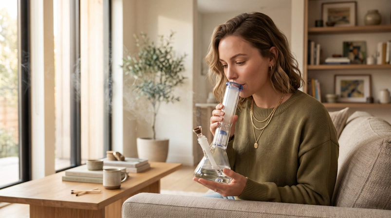 Woman using a bong to smoke cannabis