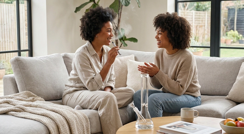Two friends talking together while one woman vapes, with a bong on the table