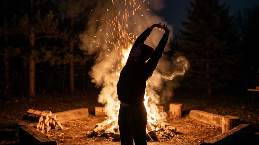 Backlit figure stretching arms at a primal nighttime cannabis bonfire gathering