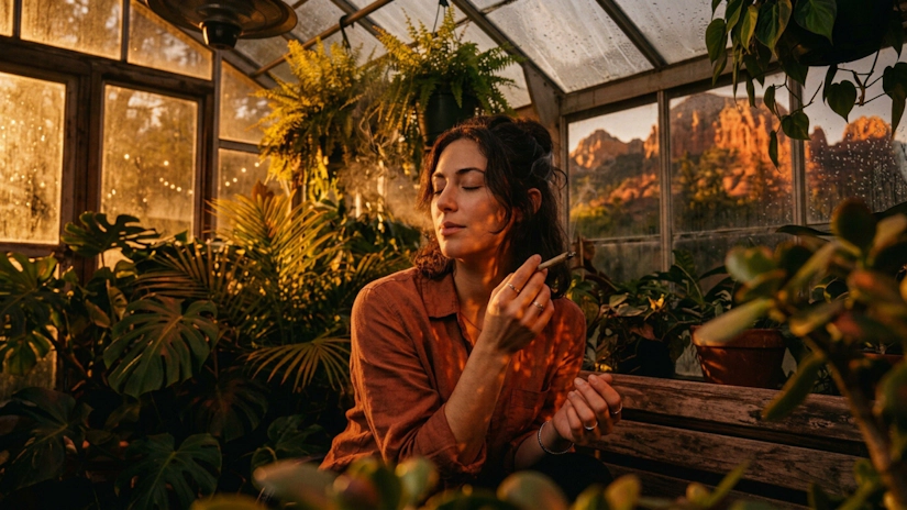 Young woman smoking joint in warm ambient greenhouse with tropical plants