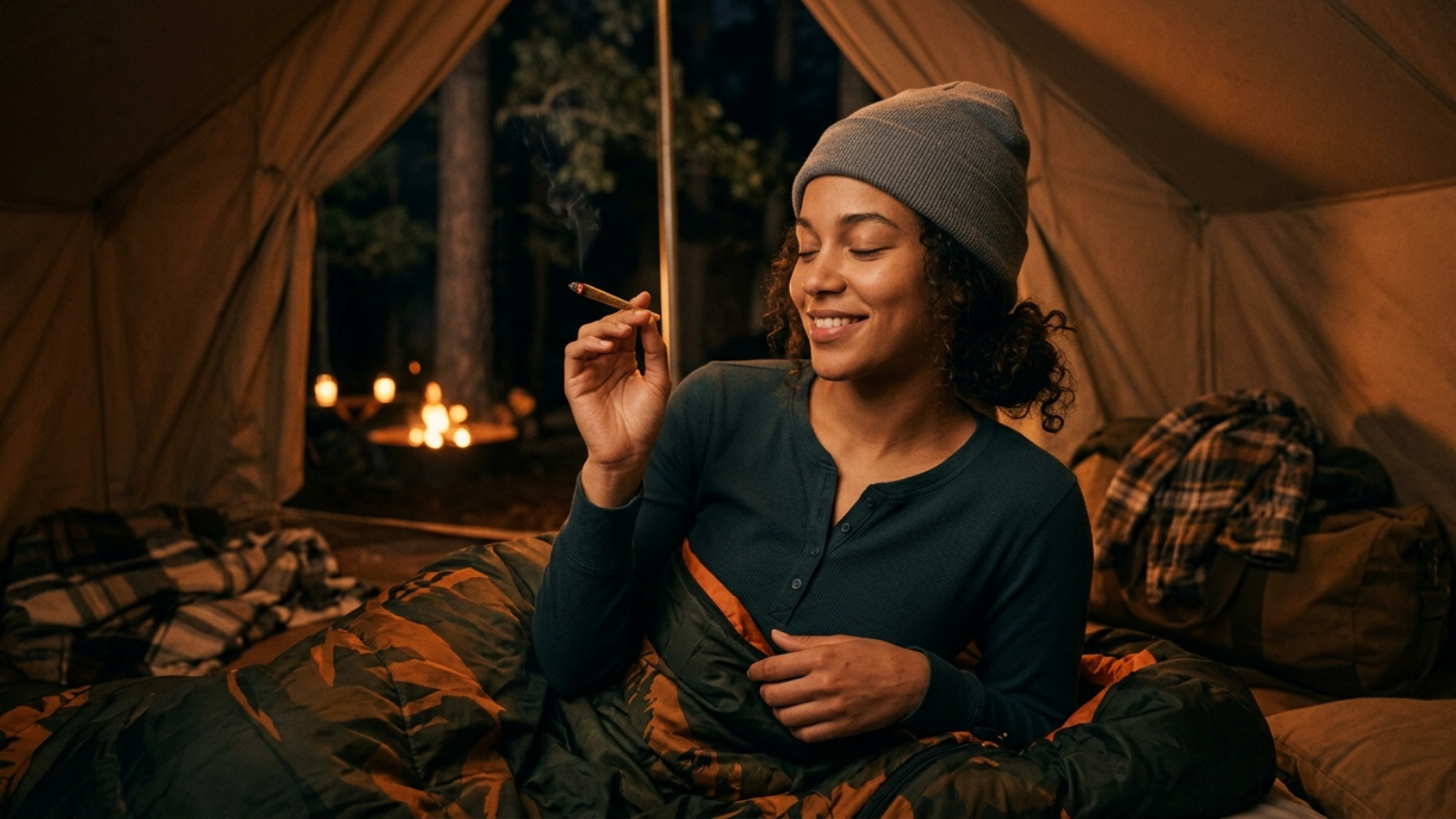 Relaxed person holding lit pre-roll inside tent with outdoor campfire background