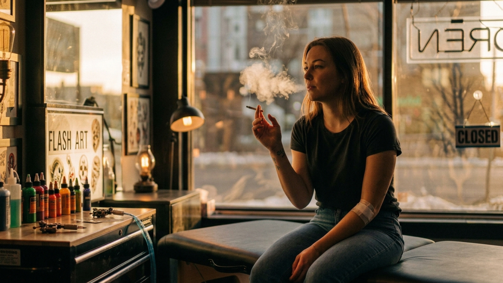 Woman holding joint inside a tattoo parlor during late afternoon light
