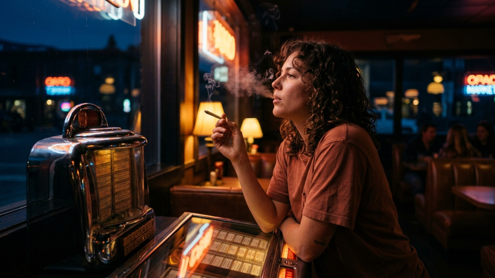 Woman smoking joint leans on retro diner jukebox under warm neon lights.
