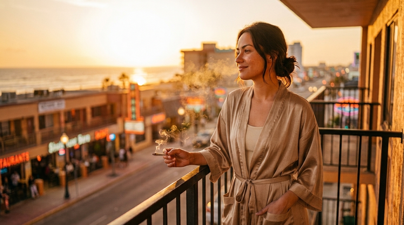 Woman in silk robe smoking joint on balcony during golden hour.