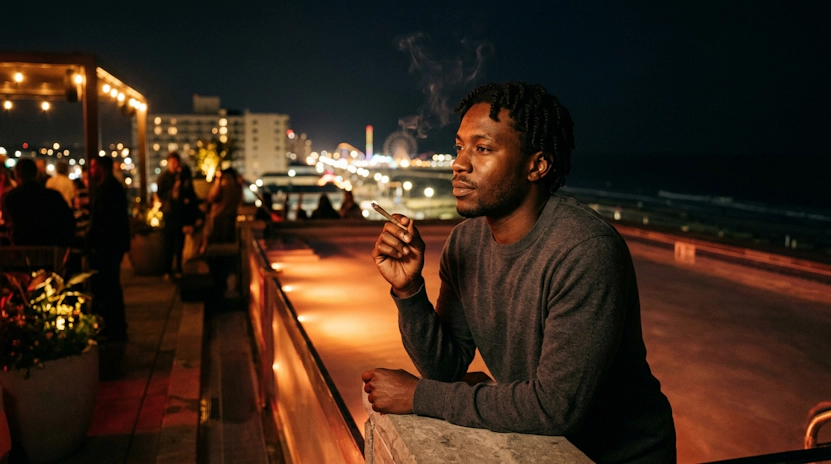 Urban nightlife man smoking pre-roll by rooftop infinity pool with city bokeh